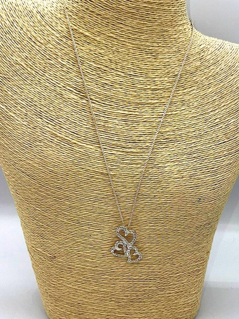 Avon Silver Tone Rhinestone Heart Necklace – Double Heart Pendant